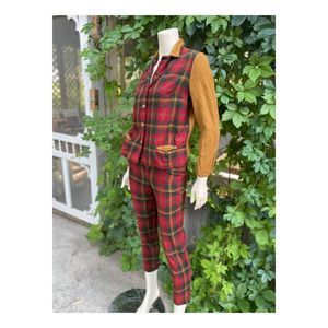 Highland Queen Virgin Wool Plaid Trouser Set 1960s Green Red Tobacco Sz 10 Maple